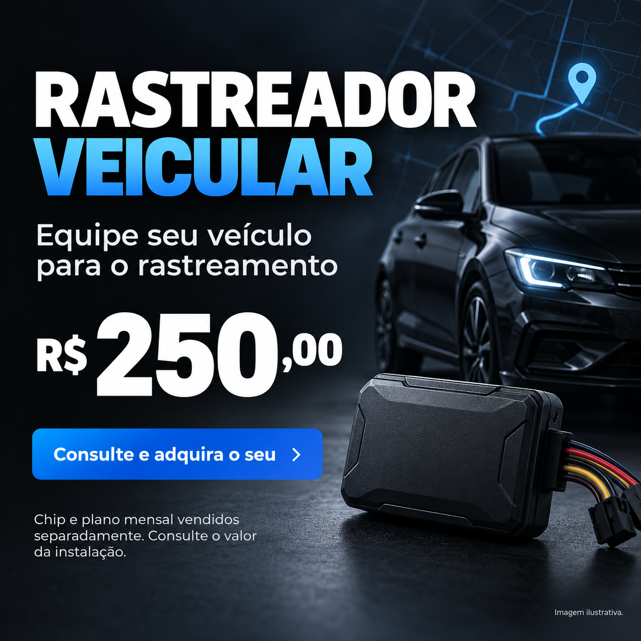 Ilustração de carro e rastreador veicular
